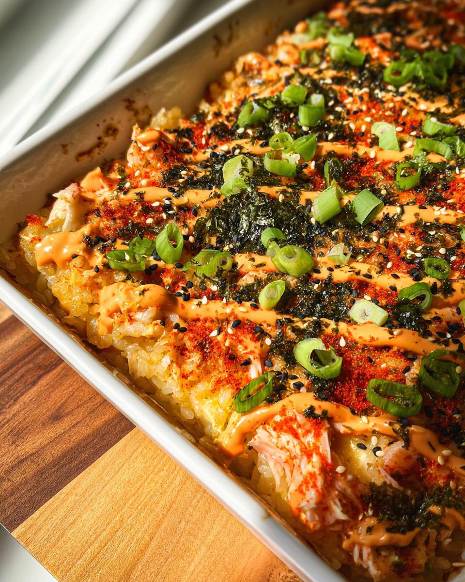 Close-up of a baked salmon sushi dish in a white baking dish, topped with creamy sauce, nori, and green onions.