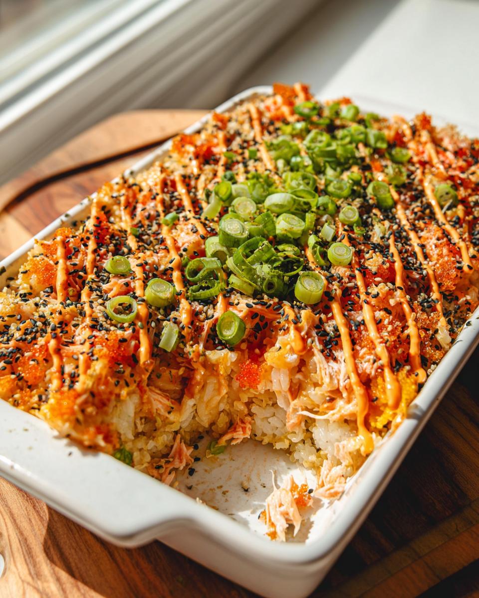 A close-up of an Easy Salmon Sushi Bake Recipe in a white baking dish, topped with scallions, sesame seeds, and spicy mayo.