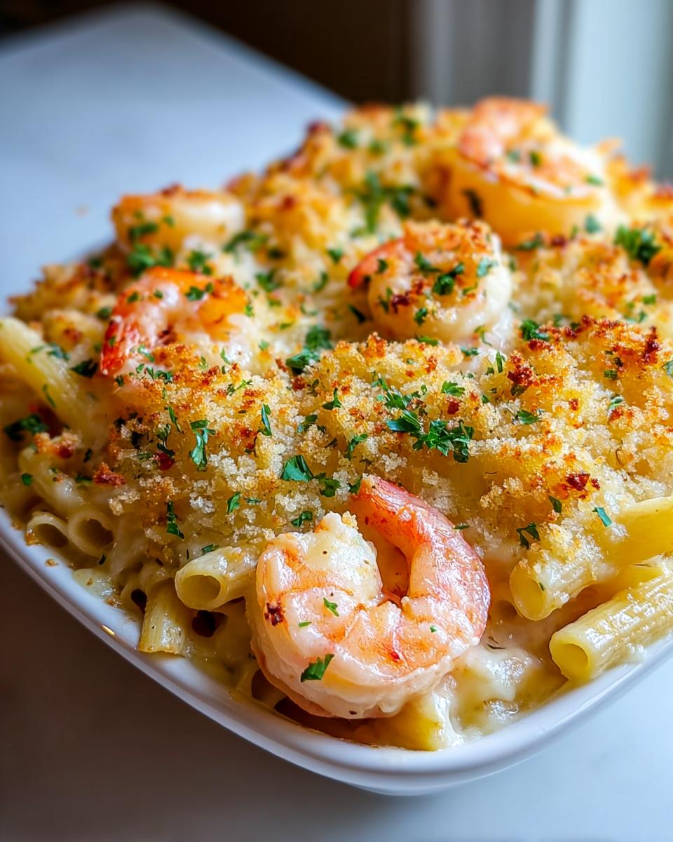 A close-up of an Easy Shrimp Scampi Pasta Bake topped with golden breadcrumbs and fresh parsley.