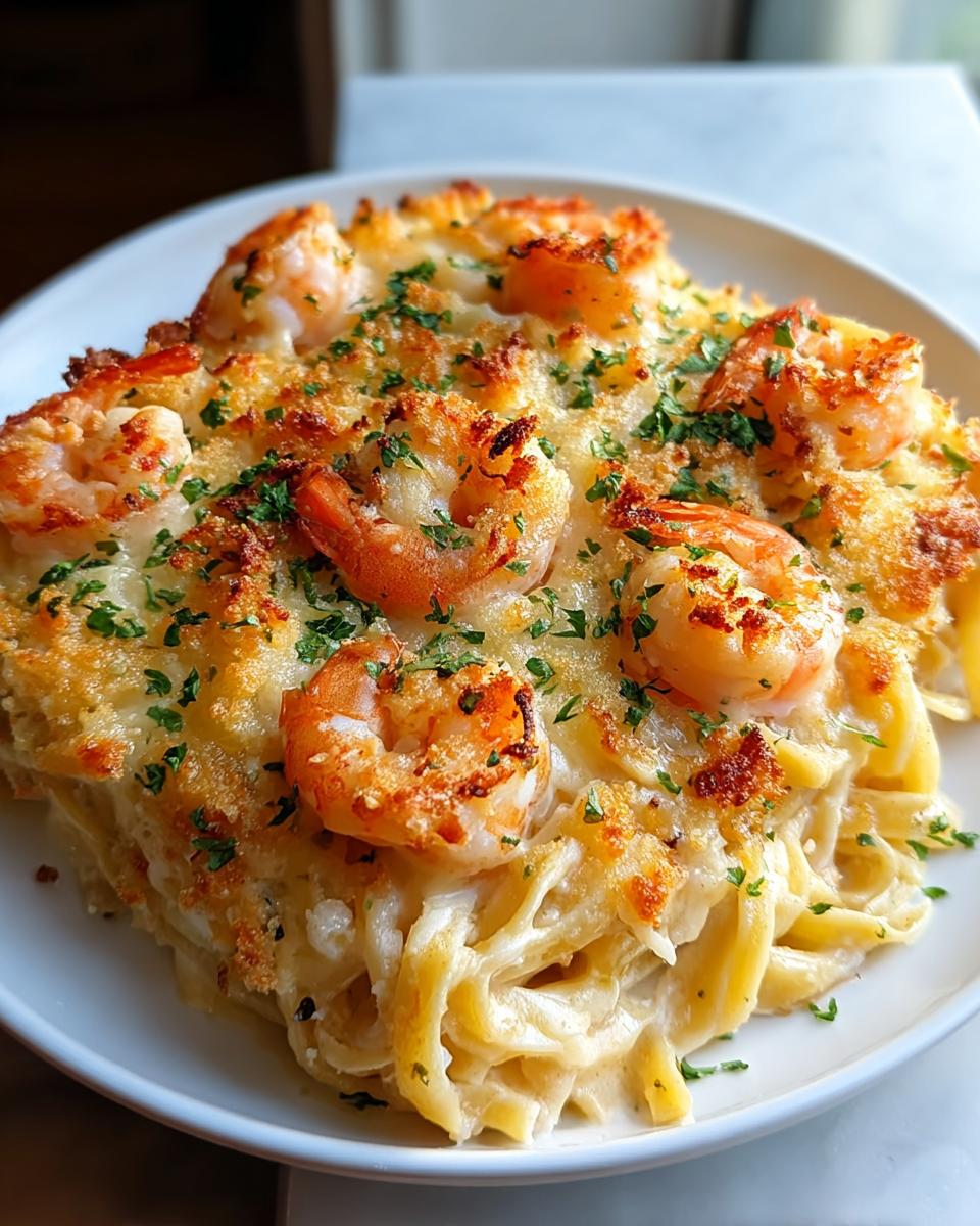 Close-up of an Easy Shrimp Scampi Pasta Bake, featuring fettuccine pasta, creamy sauce, and topped with plump shrimp and toasted breadcrumbs.