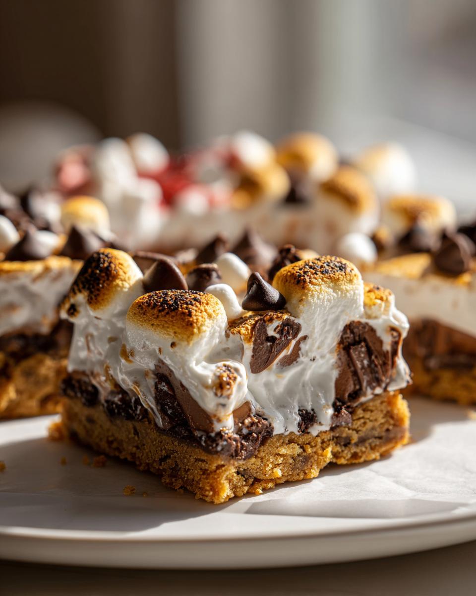 A close-up of an Easy Smores Cookie Bar topped with gooey toasted marshmallows, chocolate chips, and a graham cracker base.