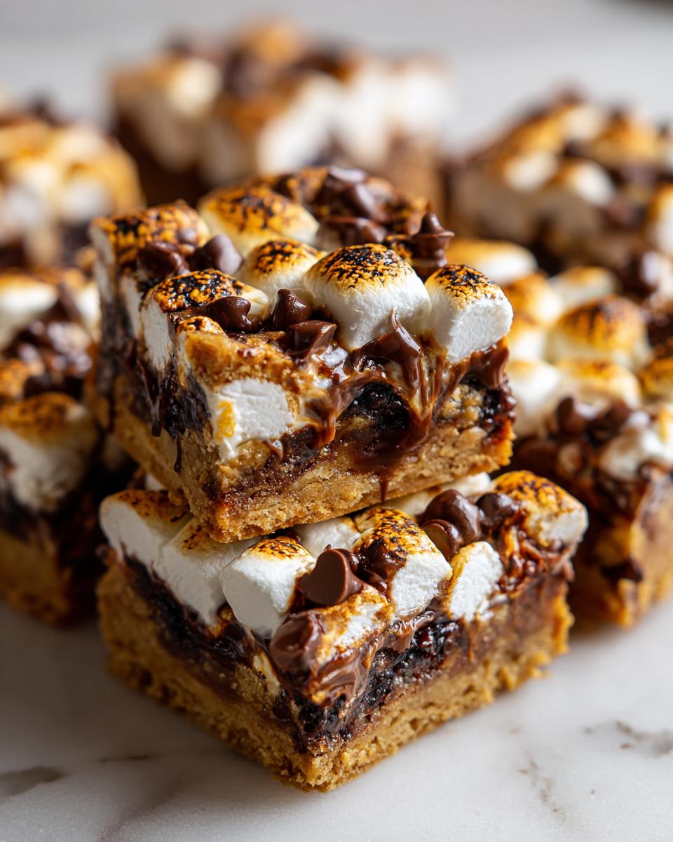Close-up of stacked Easy Smores Cookie Bars topped with melted chocolate chips and toasted marshmallows.