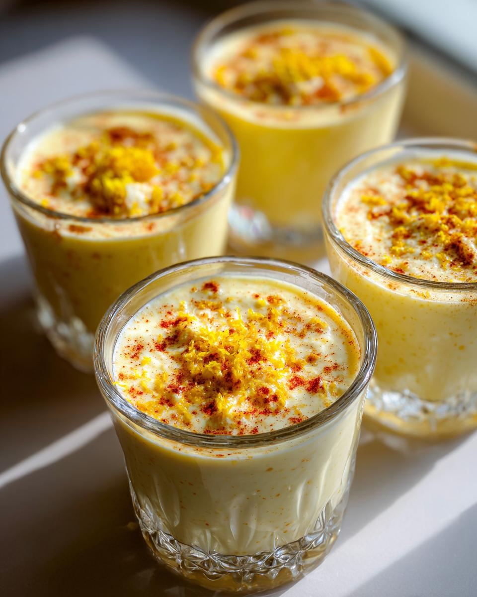 Four glasses filled with creamy easy spiced lemon posset, topped with lemon zest and a sprinkle of spice.