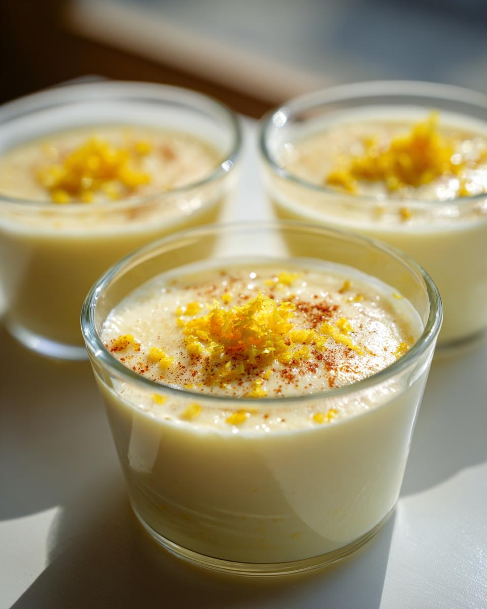 Three glasses of creamy easy spiced lemon posset dessert, topped with lemon zest and a sprinkle of cinnamon.