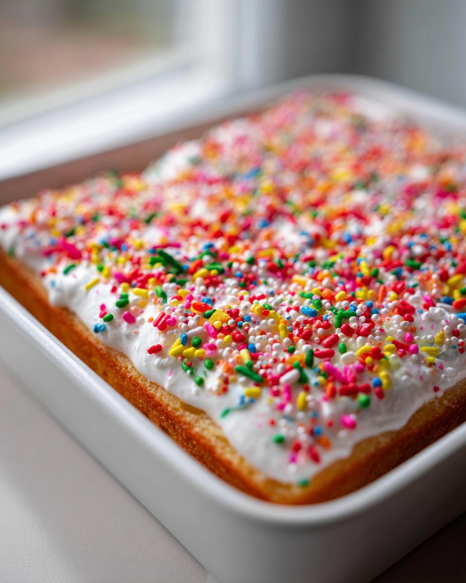A close-up of a freshly baked easy sprinkle traybake, topped with white icing and a generous amount of colourful sprinkles.
