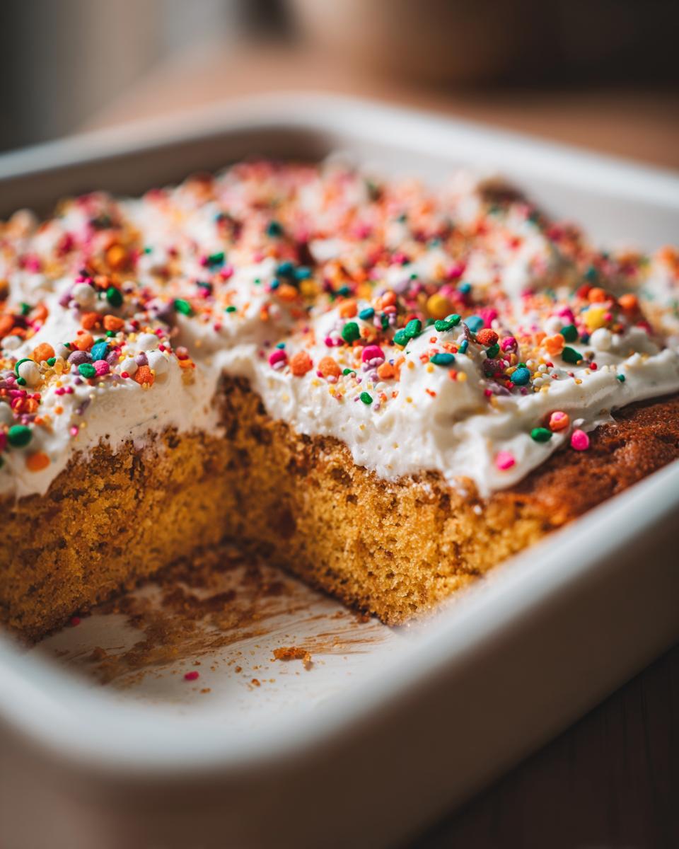 A close-up of an easy sprinkle traybake, showing a slice cut out, topped with white frosting and colourful sprinkles.