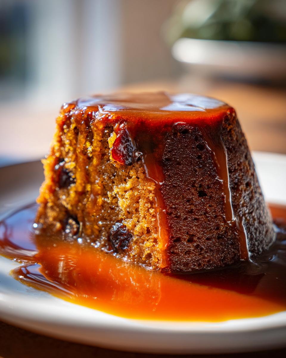 A close-up of an easy sticky toffee pudding cake, generously drizzled with rich caramel sauce.