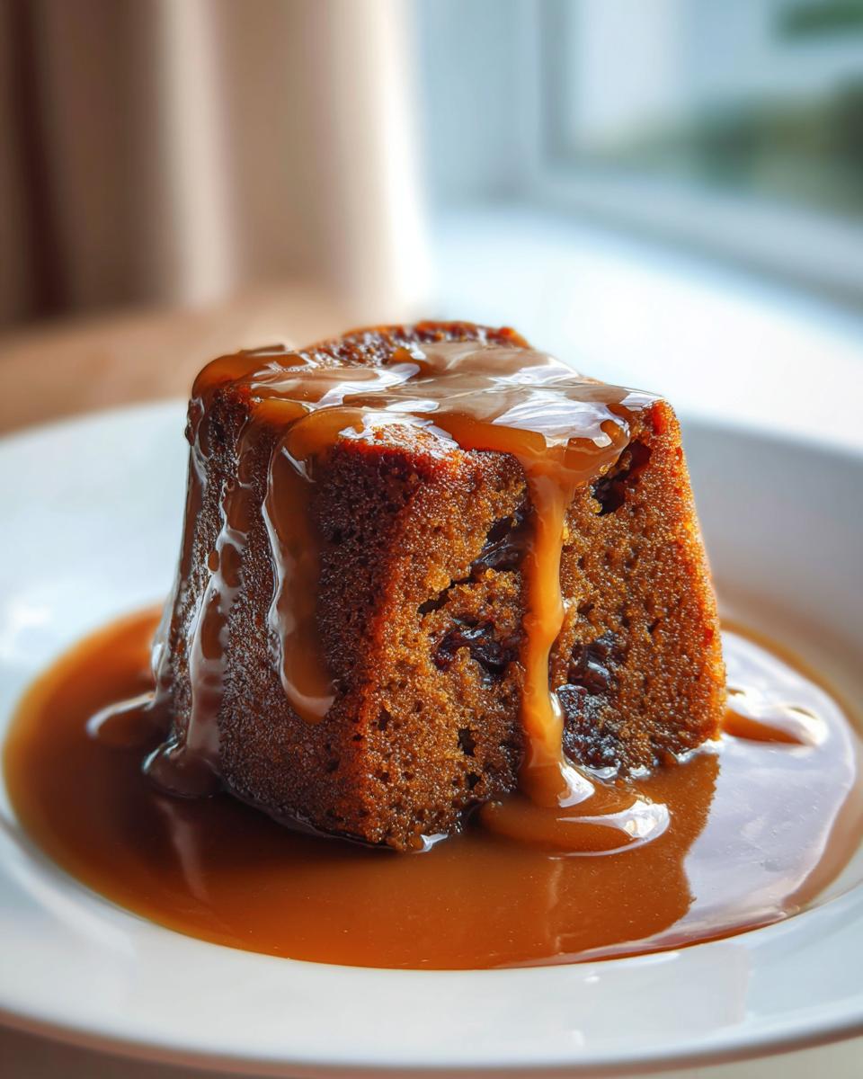 A close-up of an easy sticky toffee pudding cake slice generously covered in caramel sauce.