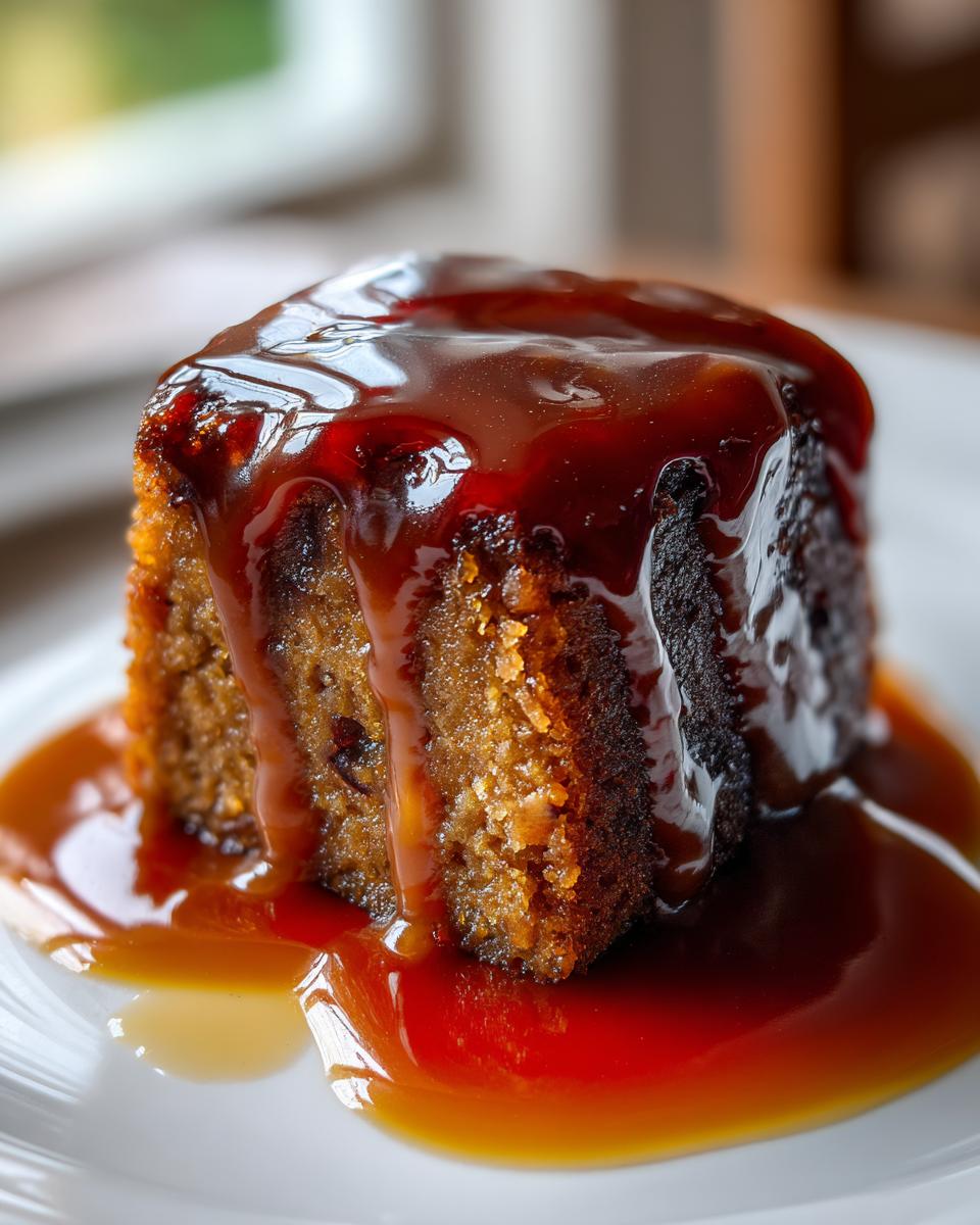 A close-up of an easy sticky toffee pudding generously coated in rich, dark toffee sauce.