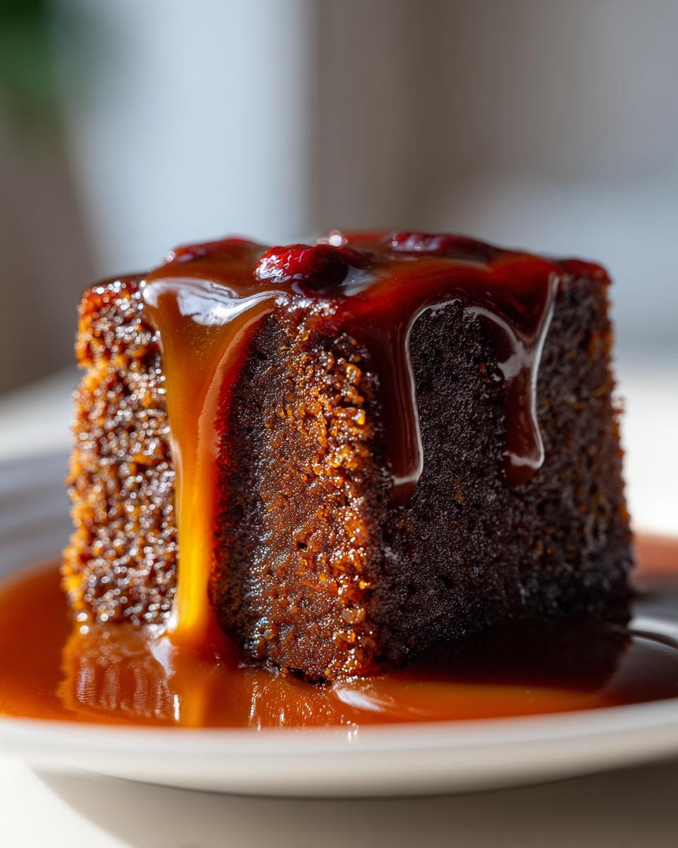 A close-up of a moist easy sticky toffee pudding slice generously drizzled with rich toffee sauce and topped with red berries.