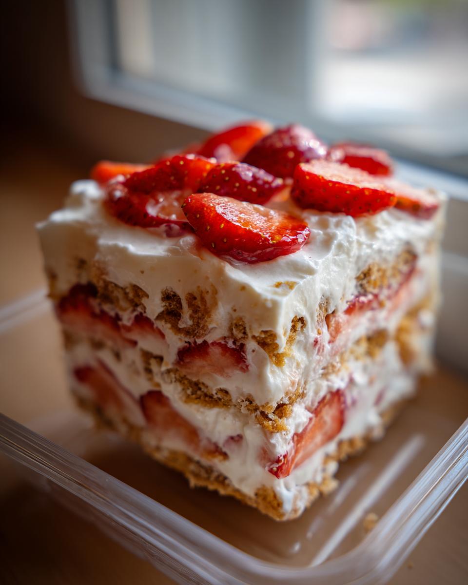 A close-up of a delicious slice of easy strawberry icebox cake, layered with cream, biscuits, and fresh strawberries.