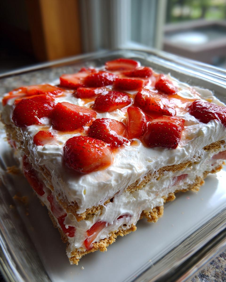 A close-up of a slice of easy strawberry icebox cake, layered with cream, graham crackers, and fresh strawberries.