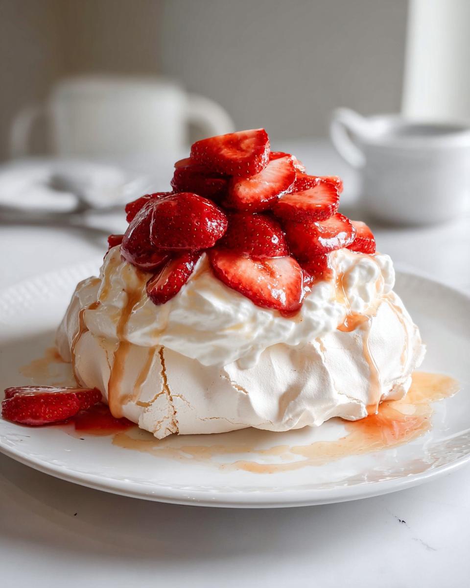 A close-up of an Easy Strawberry Pavlova, topped with whipped cream, sliced strawberries, and a drizzle of strawberry sauce.