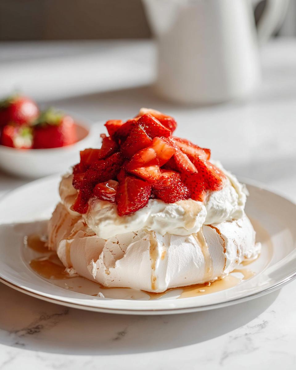 A close-up of an Easy Strawberry Pavlova, topped with whipped cream, fresh strawberries, and a drizzle of syrup.