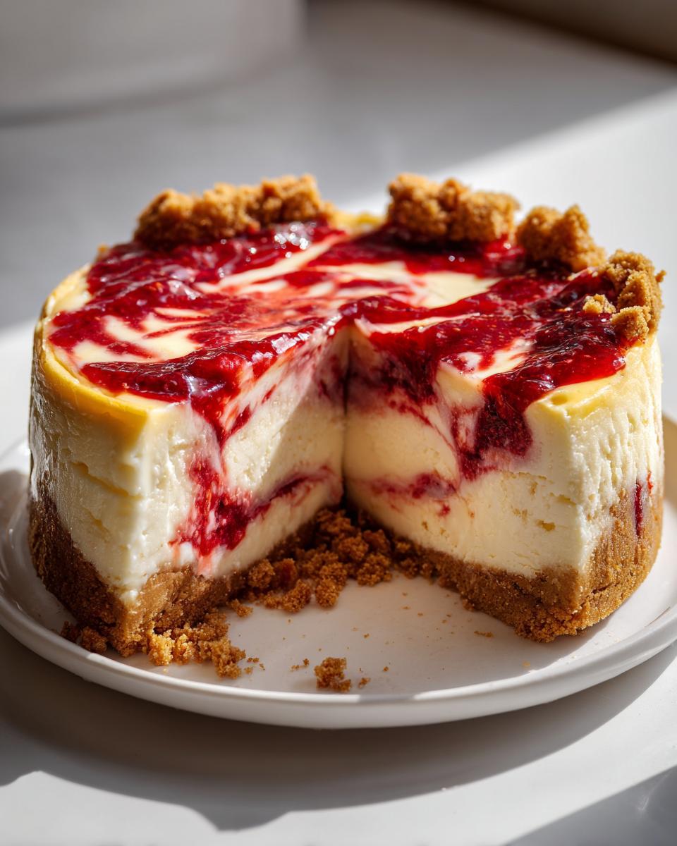 A beautiful easy strawberry swirl cheesecake with a crumbly biscuit base and topping, presented on a white plate.