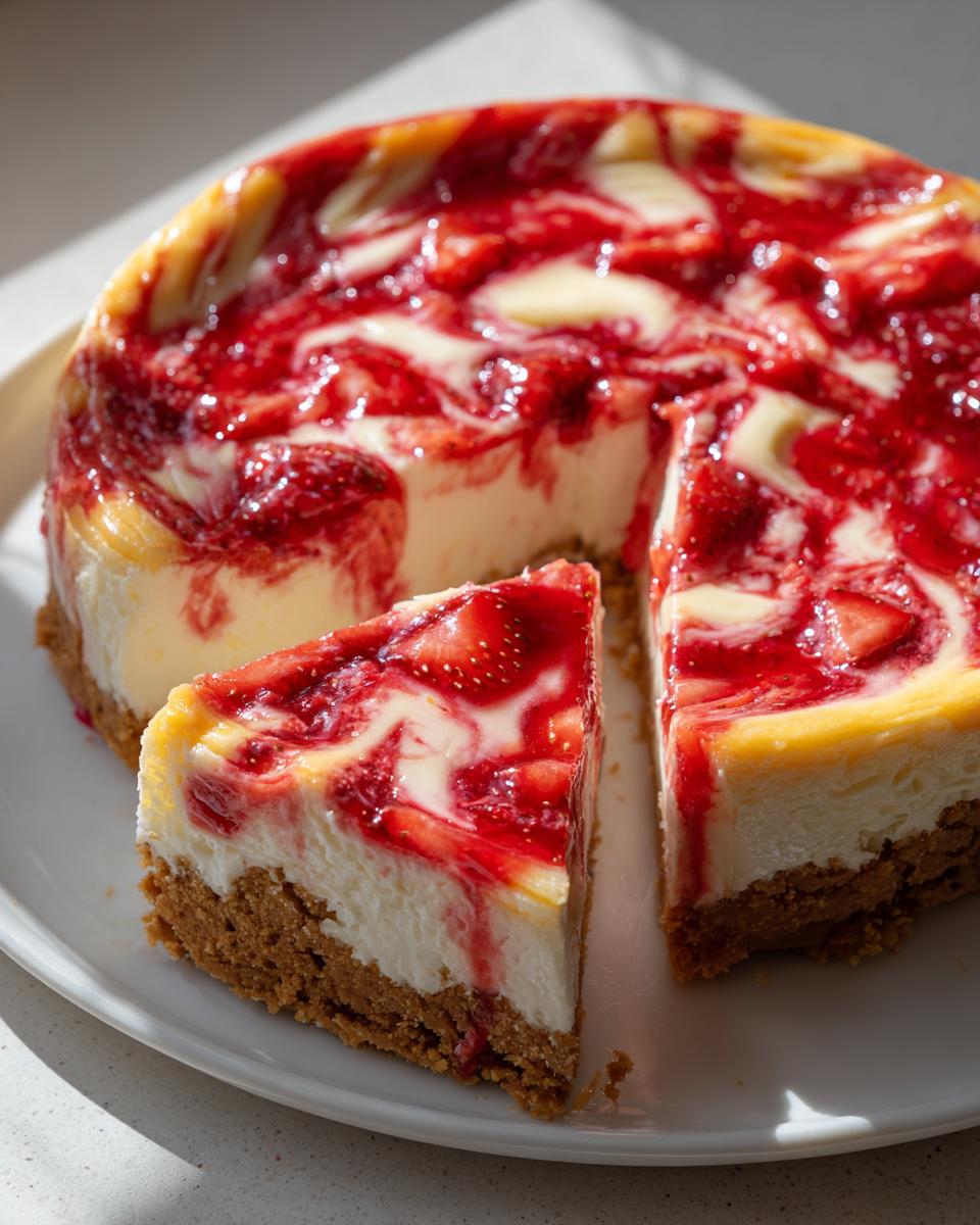 A delicious slice of easy strawberry swirl cheesecake with a graham cracker crust.
