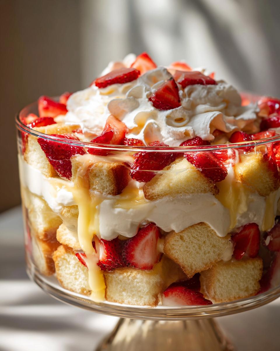 A close-up of a layered easy strawberry trifle in a glass trifle bowl, featuring sponge cake, cream, and fresh strawberries.