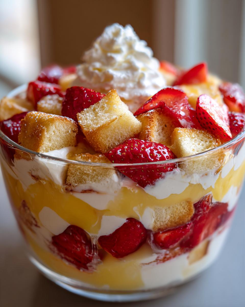A close-up of an easy strawberry trifle in a glass bowl, layered with sponge cake, fresh strawberries, custard, and whipped cream.
