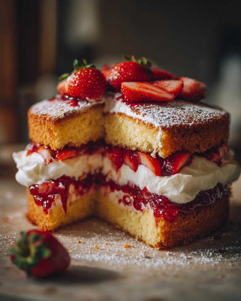 A slice of easy strawberry Victoria sponge cake filled with cream and jam, topped with fresh strawberries and dusted with icing sugar.