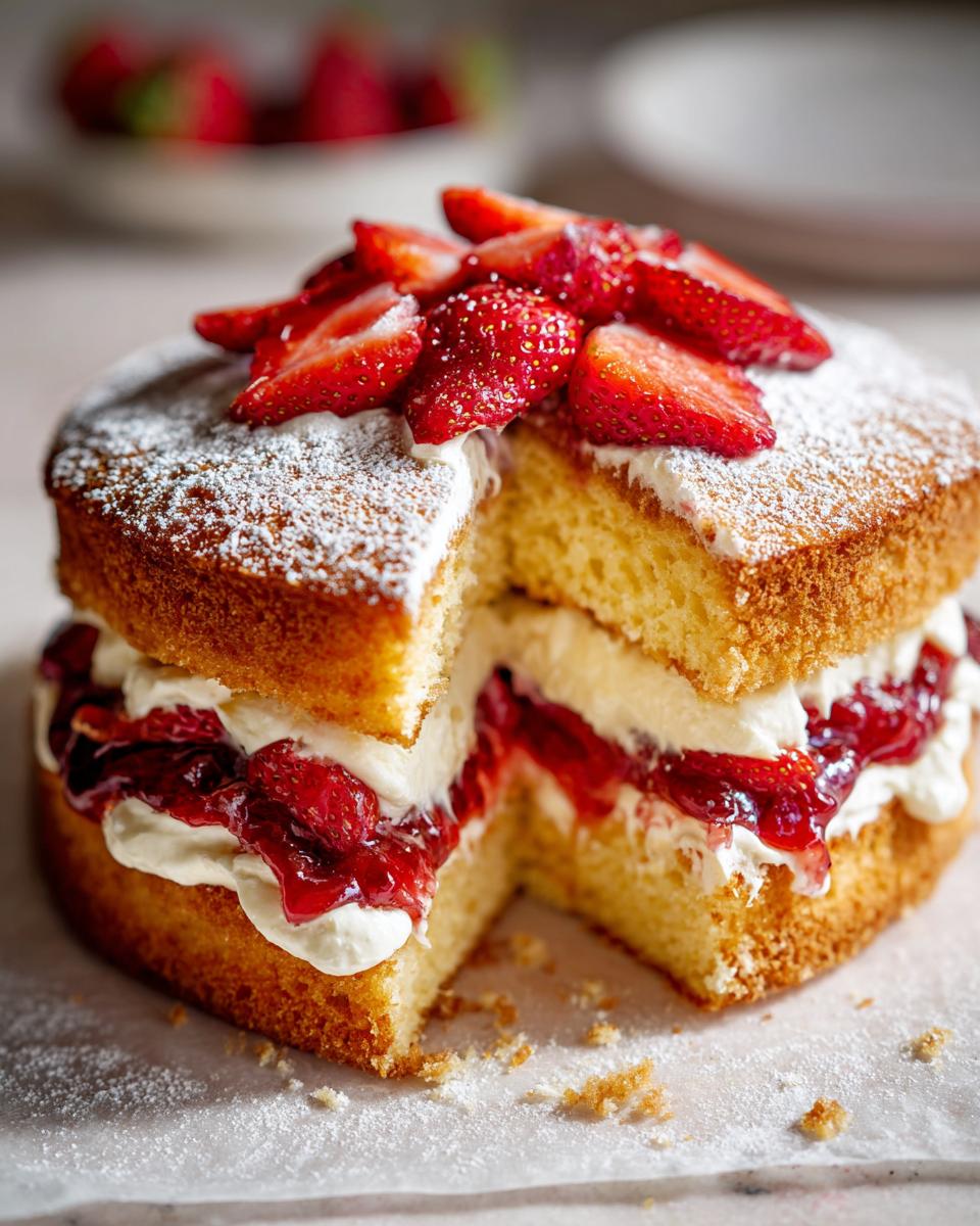 A slice of easy strawberry Victoria sponge cake filled with cream and strawberry jam, topped with fresh strawberries.