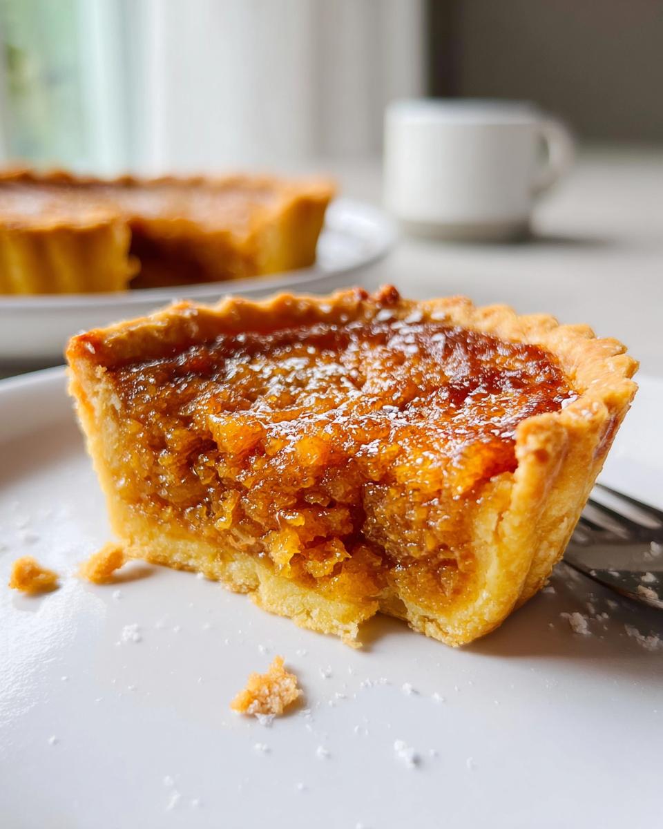 A close-up of a slice of easy treacle tart, inspired by Mary Berry, with a golden crust and gooey filling.