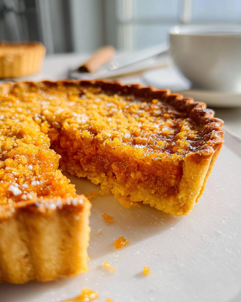 A close-up of a slice of Easy Treacle Tart, inspired by Mary Berry, with a golden crust and gooey filling.