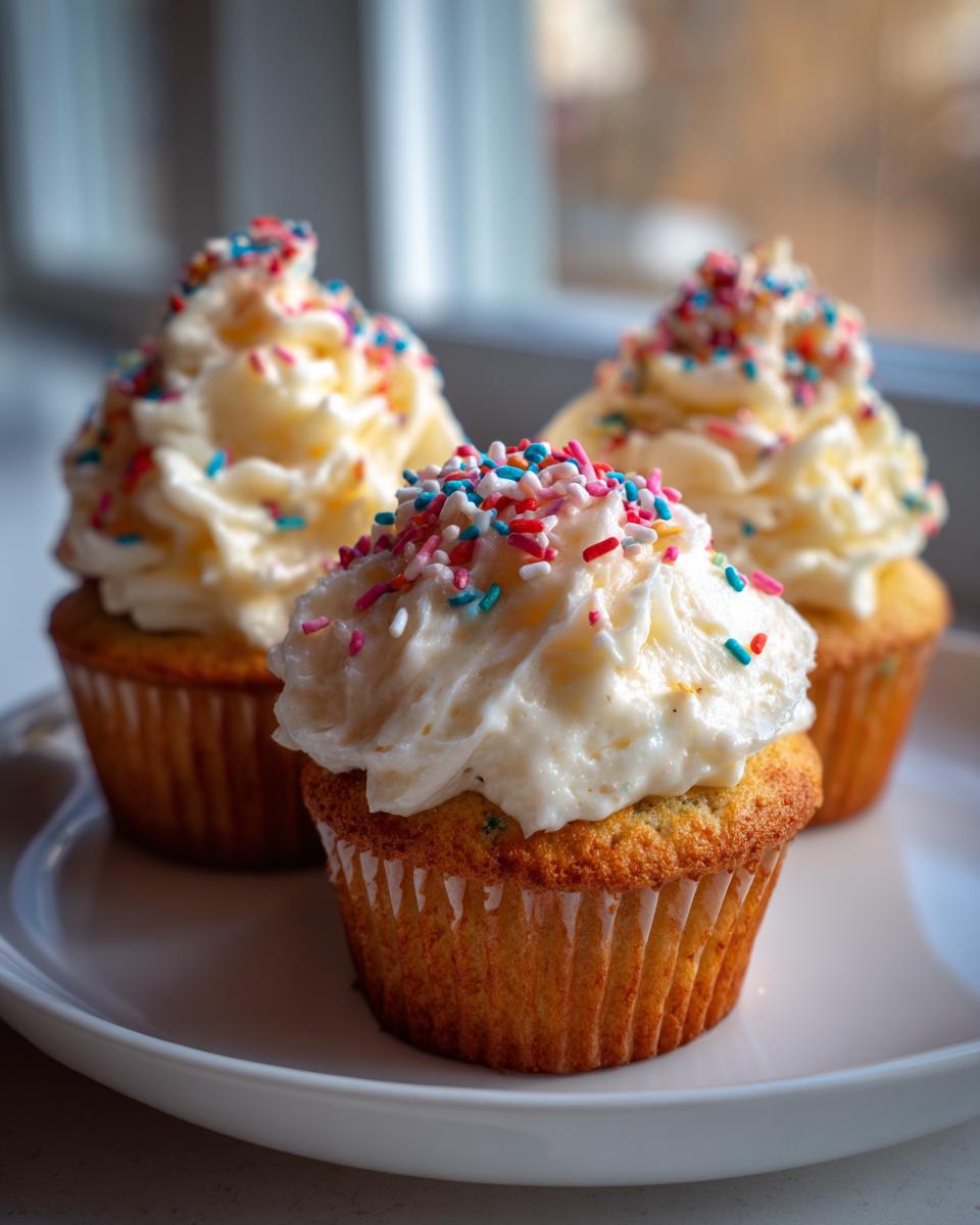 Three delicious easy vanilla cupcakes topped with fluffy buttercream frosting and colourful sprinkles.