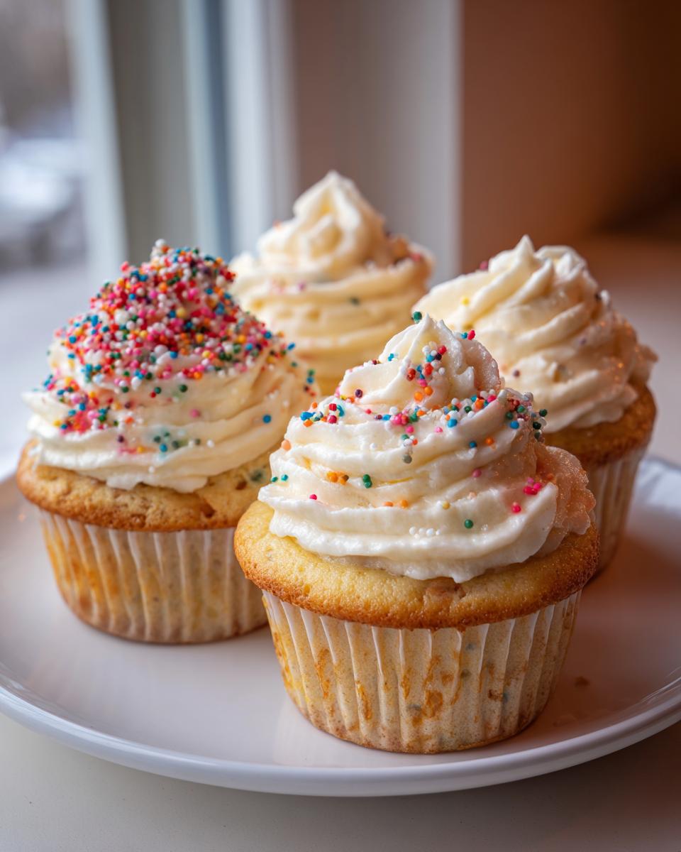 Four delicious easy vanilla cupcakes topped with creamy frosting and colourful sprinkles on a white plate.