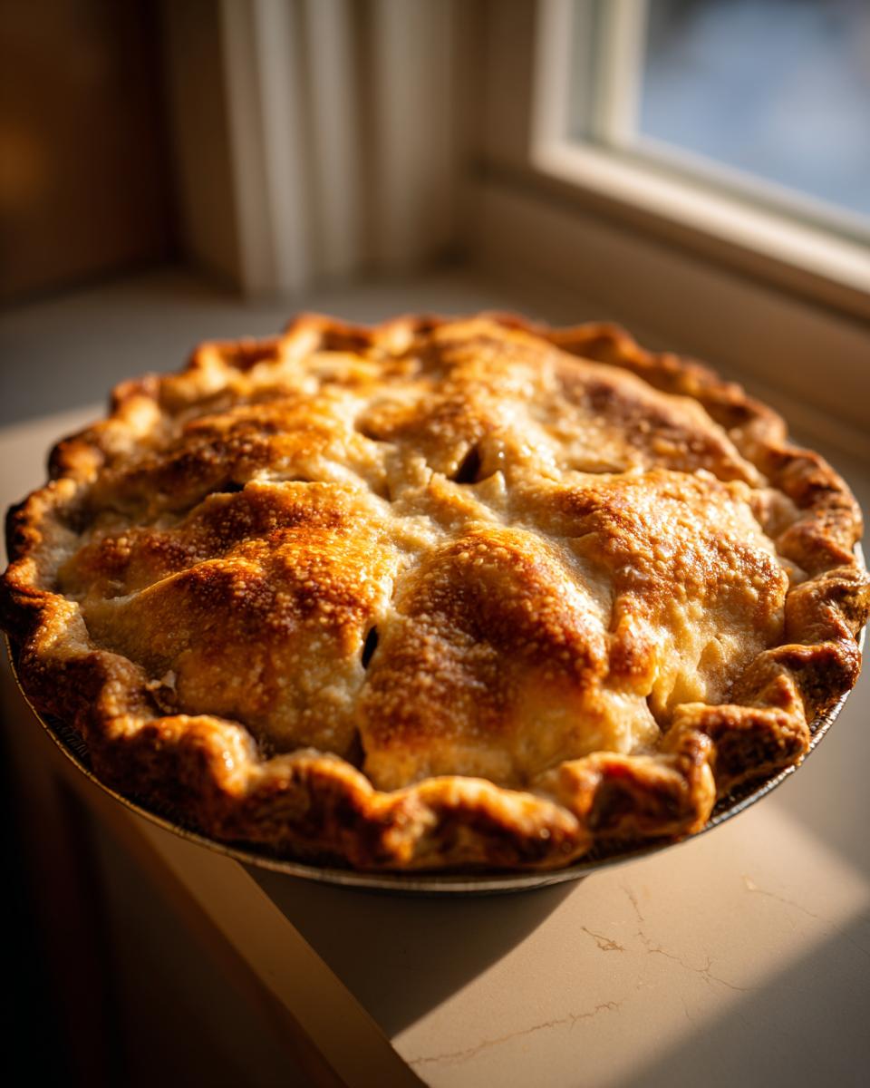 Close-up of a golden-brown, easy vegan apple pie with a flaky crust, bathed in sunlight.