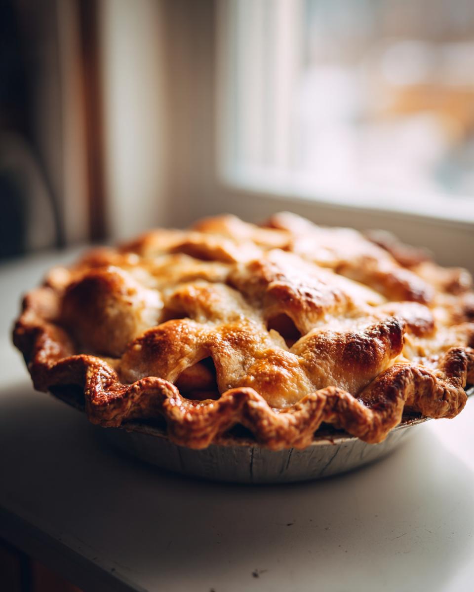 A close-up of a golden-brown easy vegan apple pie with a lattice crust, sitting on a white surface.
