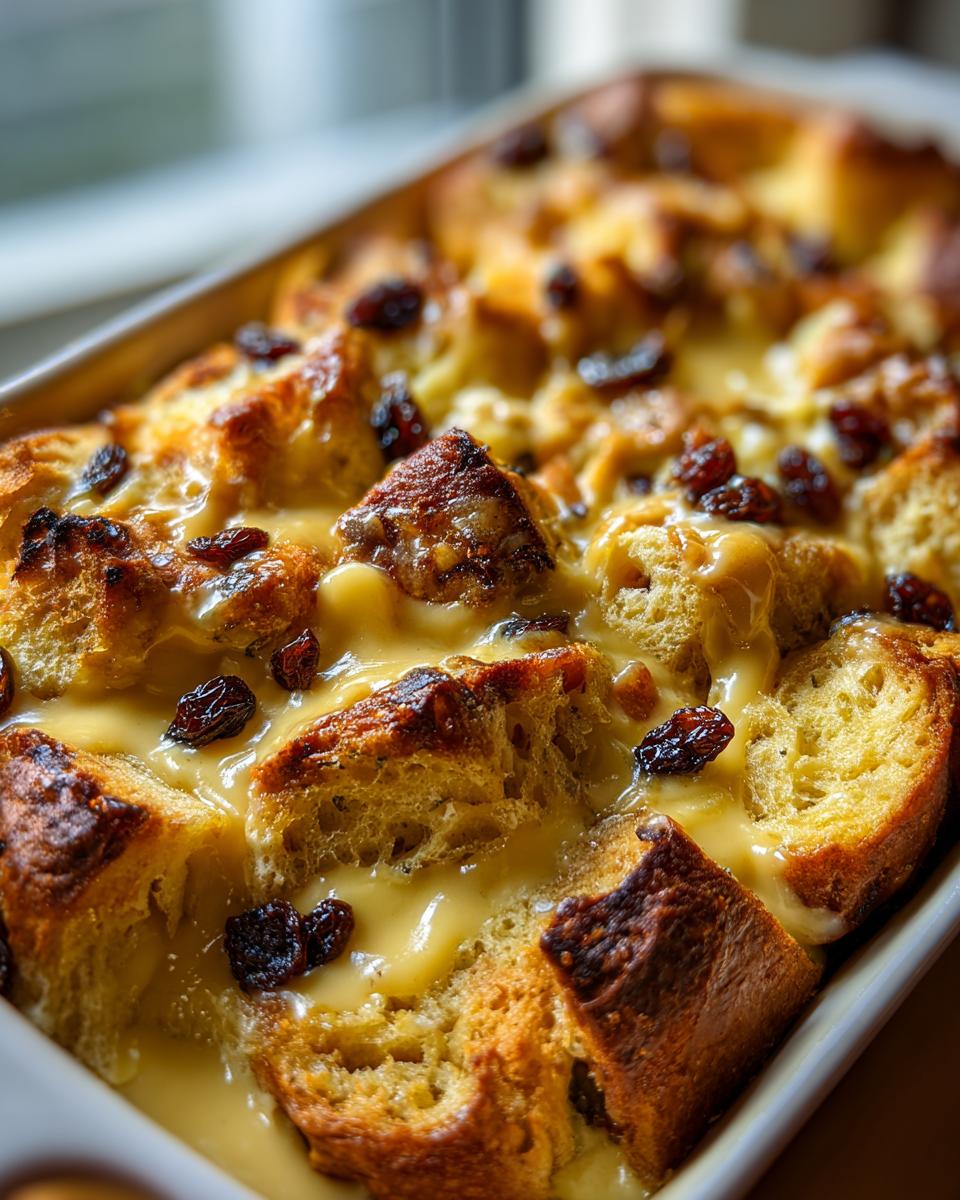 A close-up view of an easy vegan bread and butter pudding baked in a dish, topped with raisins and creamy custard.