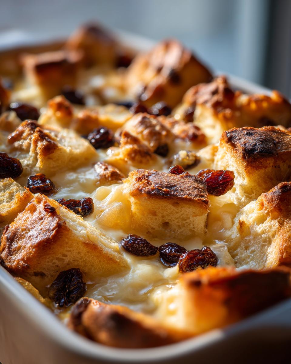 Close-up of a freshly baked easy vegan bread and butter pudding, studded with plump raisins.