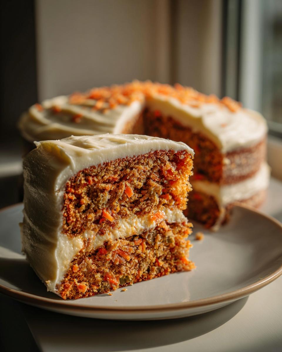 A delicious slice of easy vegan carrot cake with creamy frosting and visible carrot shreds.