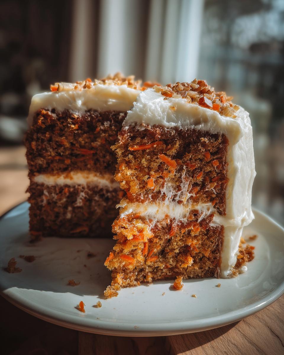 Two slices of moist easy vegan carrot cake with creamy frosting and chopped nuts on top.