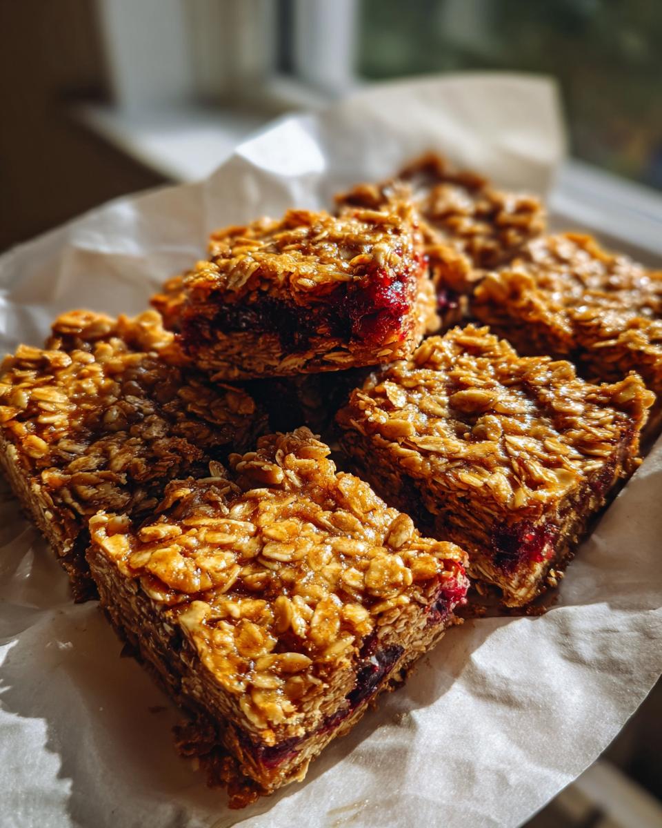 Close-up of stacked easy vegan flapjacks with a visible layer of red berry filling.