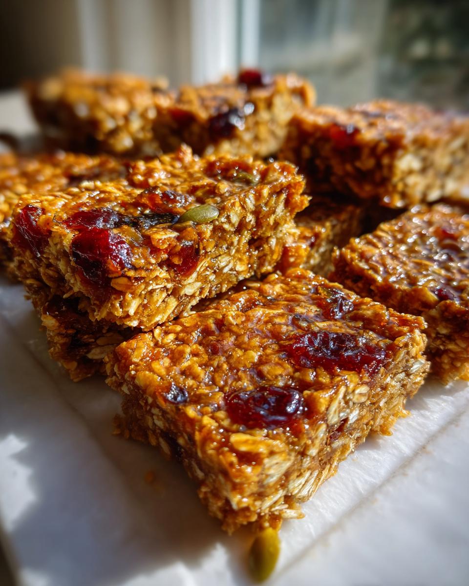 Close-up of a stack of easy vegan flapjacks, showing oats, dried cranberries, and pumpkin seeds bound together.