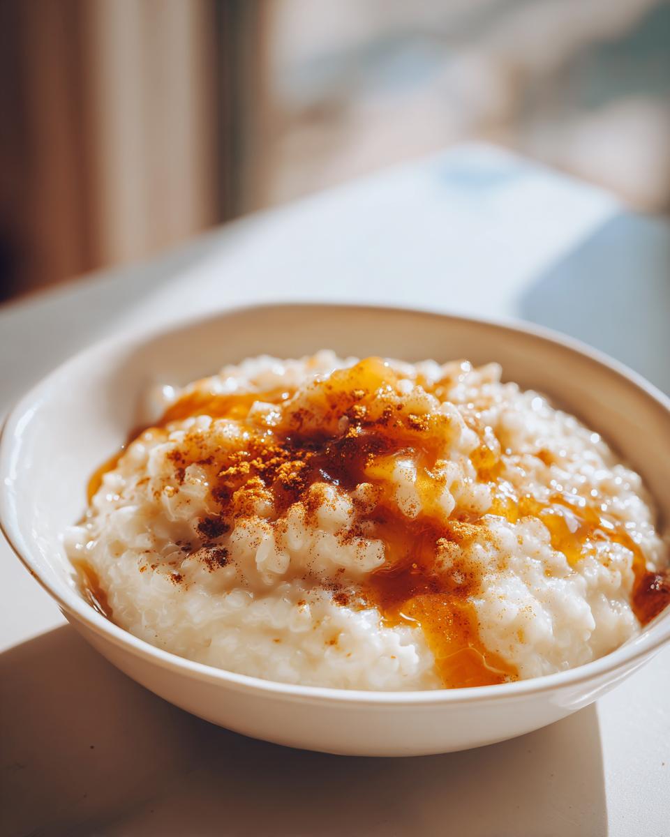 Close-up of a bowl of warm and creamy easy vegan rice pudding, topped with a drizzle of syrup and a sprinkle of cinnamon.