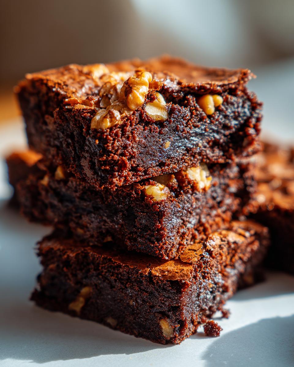 A close-up stack of delicious easy walnut brownies, showcasing their rich chocolate texture and crunchy walnut pieces.