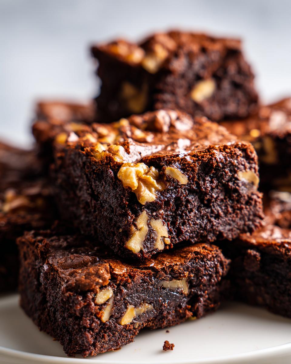 A close-up stack of rich, fudgy easy walnut brownies, showcasing the texture and walnuts.