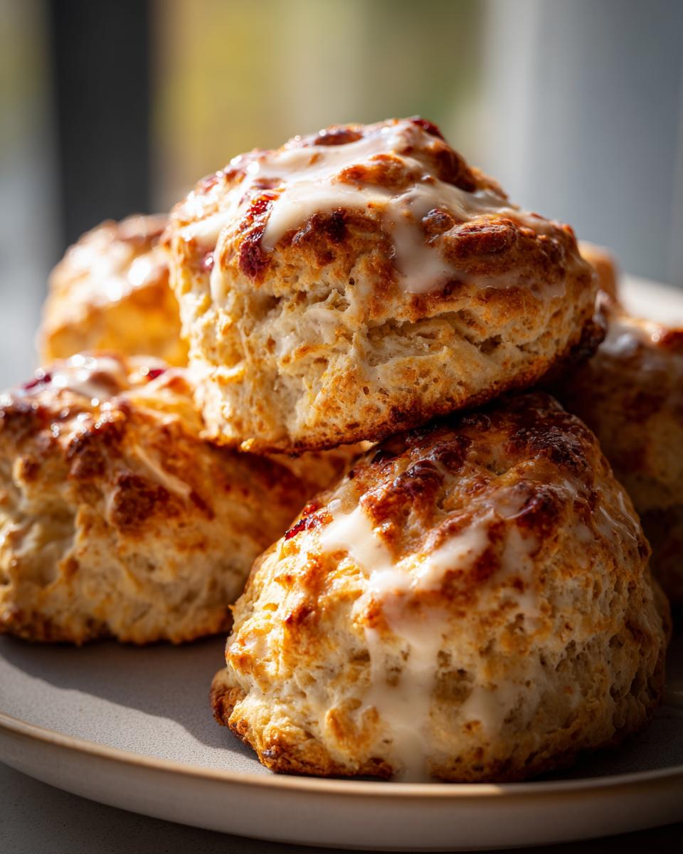 A close-up of freshly baked easy wholemeal scones drizzled with a white glaze.
