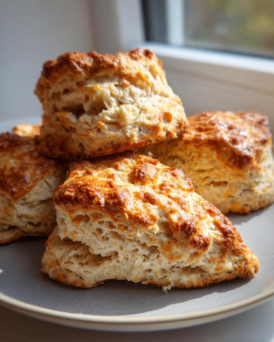A stack of freshly baked easy wholemeal scones with a golden-brown crust and fluffy interior on a grey plate.