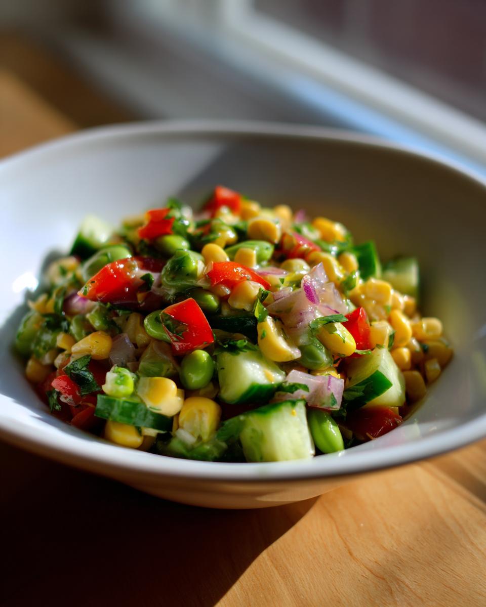A vibrant bowl of edamame corn salad featuring corn, edamame, cucumber, tomato, and red onion.