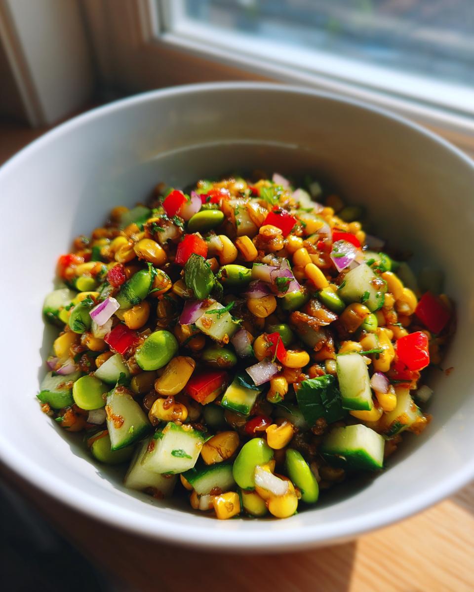 A vibrant bowl of edamame corn salad with chopped cucumber, red onion, and bell peppers.