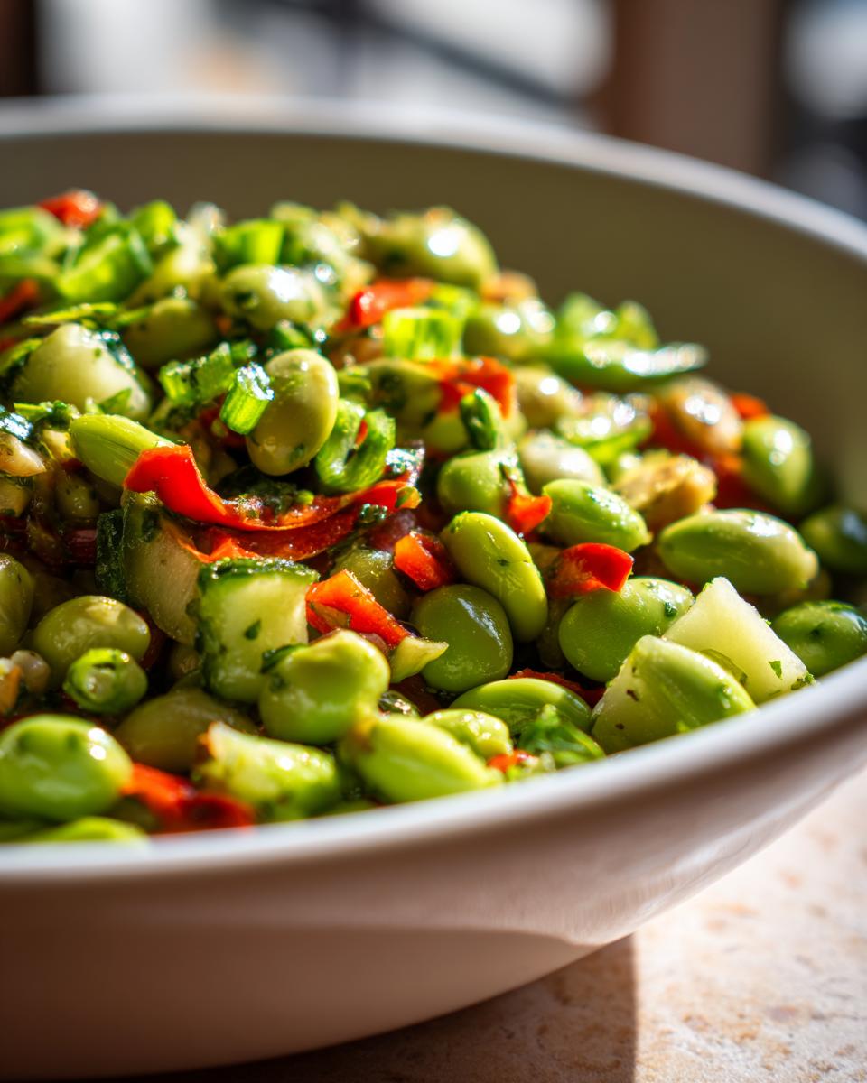 Close-up of a vibrant edamame salad with chopped red peppers, green onions, and herbs in a white bowl.