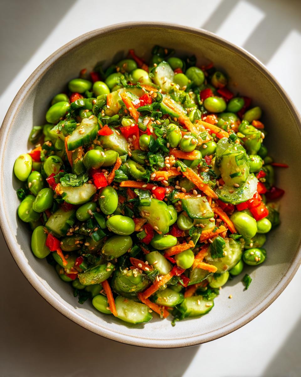 A vibrant bowl of edamame salad featuring edamame, cucumber, red bell pepper, shredded carrots, and sesame seeds.