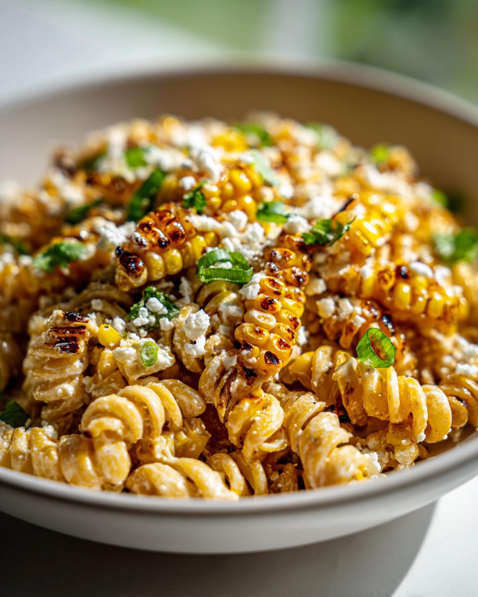 Close-up of a bowl of elote pasta salad featuring fusilli pasta, creamy sauce, grilled corn, crumbled cheese, and green onions.