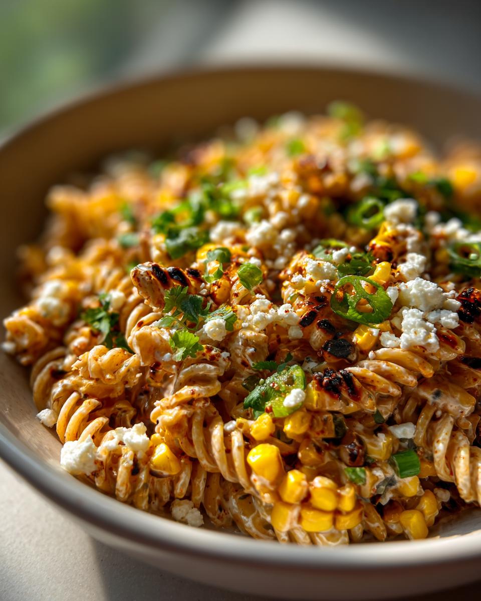 Close-up of a bowl filled with elote pasta salad, featuring rotini pasta, grilled corn, crumbled cheese, and fresh herbs.