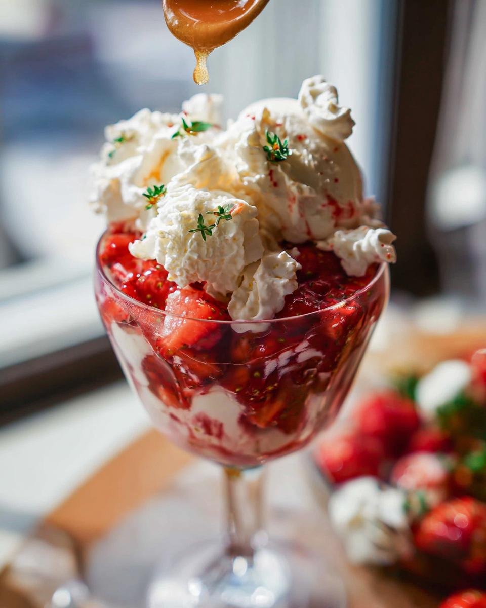 A close-up of a decadent Eton Mess Sundae inspired by Mary Berry, layered with strawberries, cream, and meringue, with a drizzle of sauce.
