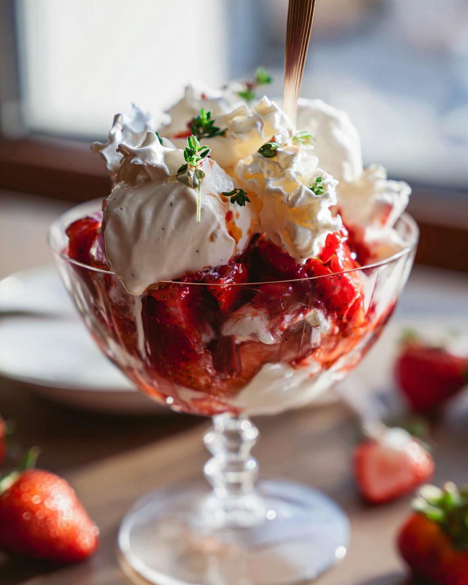 A close-up of a glass dessert bowl filled with fresh strawberries, whipped cream, and ice cream, topped with herbs. Eton Mess Sundaes Inspired by Mary Berry.