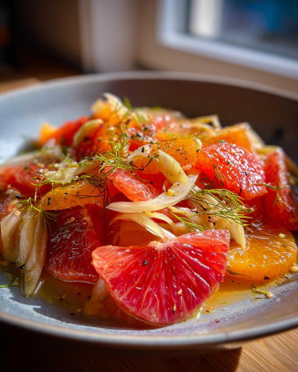 A vibrant Fennel and Orange Salad with segments of grapefruit and orange, thinly sliced fennel, and fresh dill, dressed in a light vinaigrette.